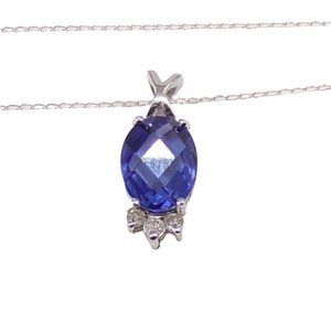 Solid 10K White Gold Blue CZ Natural Diamond Accent Pendant Necklace 18"